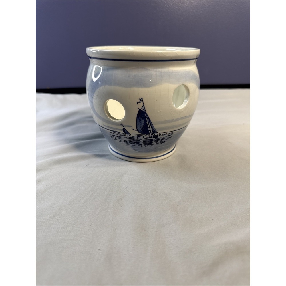 Vintage Delft Blue Bulb Forcing Planter/ Crocus Pot/ Luminary Cutouts Sailboat